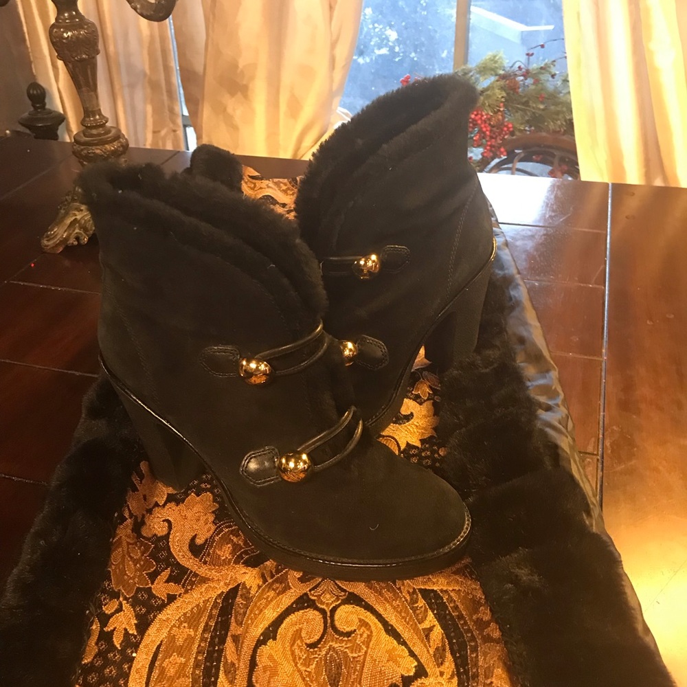 Coach Black Fur and Suede Gold Button Ankle Boots